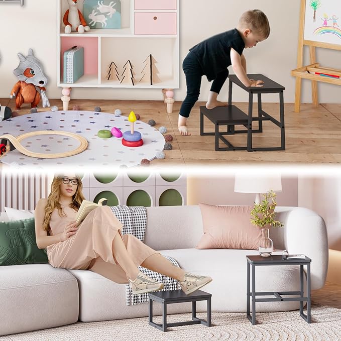 Step Stool for Adults,Holds up to 500Lb,3 in1 Heavy Duty Sturdy Two Step Stool for Kichen/Bathroom/High beds, Wooden&Metal Frame, Non-Slip Pads