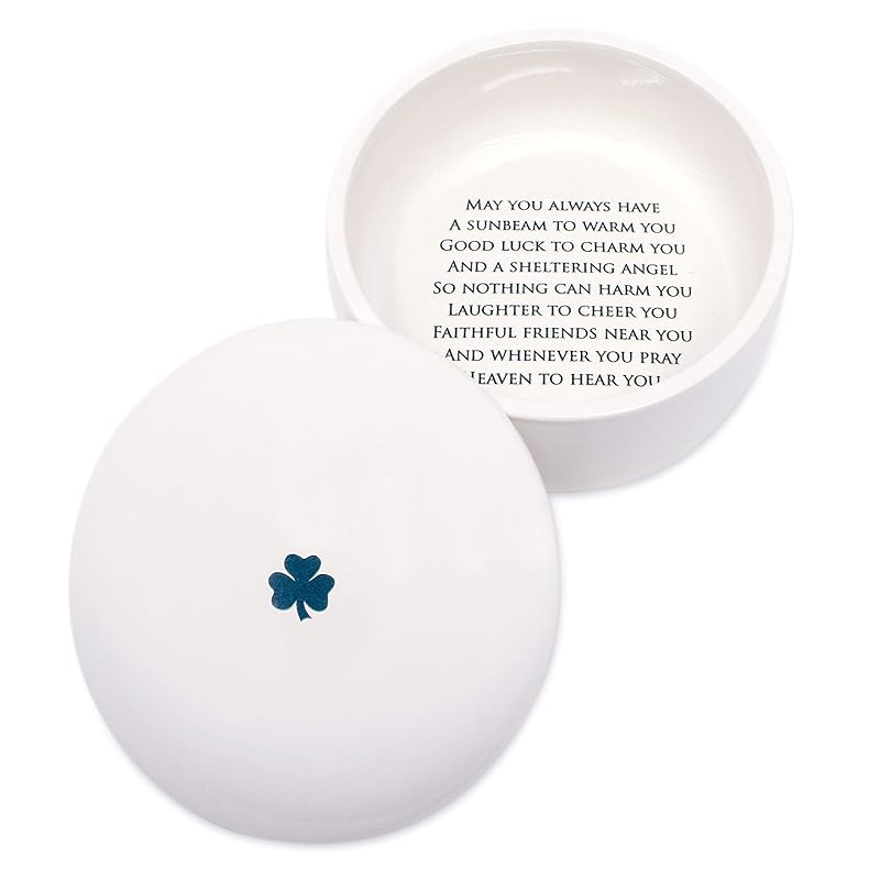 Baptism Gift or First Communion Gift, Ceramic Keepsake Box With Irish Blessing - Round Box with Shamrock in Green for Godchild
