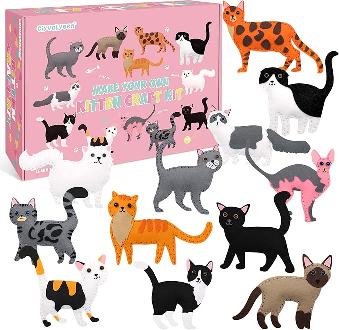 CiyvoLyeen Kitten Craft Kit Kids DIY Crafting and Sewing Set Kitty Cat Stuffed Animal Felt Plushies for Girls and Boys Educational Beginners Sewing Gift Ideas