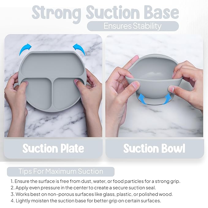 O'doe 17-Piece BPA-Free Silicone Baby Feeding Set | Thick & Soft Suction Plates, Baby Bowls, Wooden Fork & Spoon, and More | Make Mealtime Fun and Easy for Your Little One (Grey, V2)