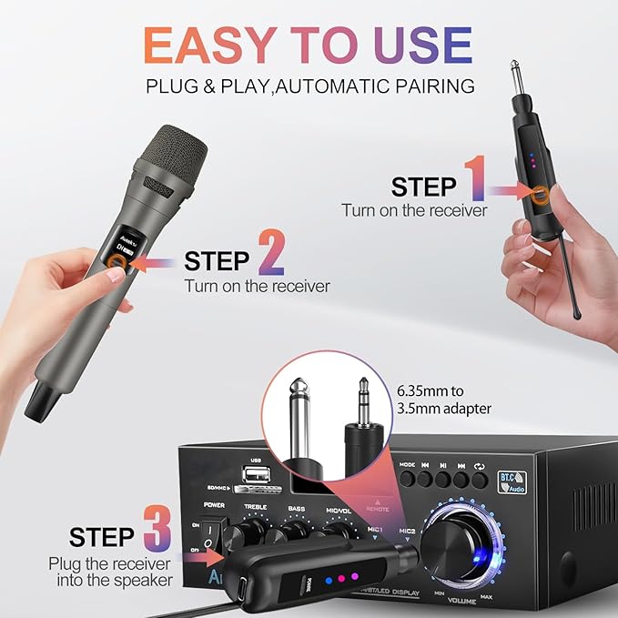 Aveek 2.4GHz Wireless Microphone System, 2 Rechargeable Mics and Receiver, Plug & Play for Karaoke Machine, Party Speakers, Home Entertainment, Wedding & Events - Crystal Clear Sound, 100ft Range