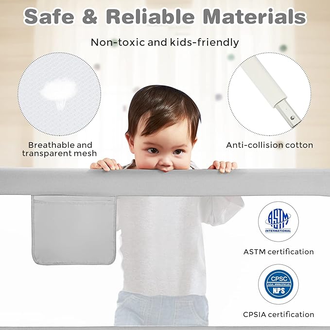 BABY JOY Bed Rail for Toddlers, 57’’ Extra Long, Height Adjustable, Foldable Baby Bed Rail Guard w/Storage Pocket & Double Safety Child Lock for Kids Twin Full Size Queen King Mattress (Gray, 57'')