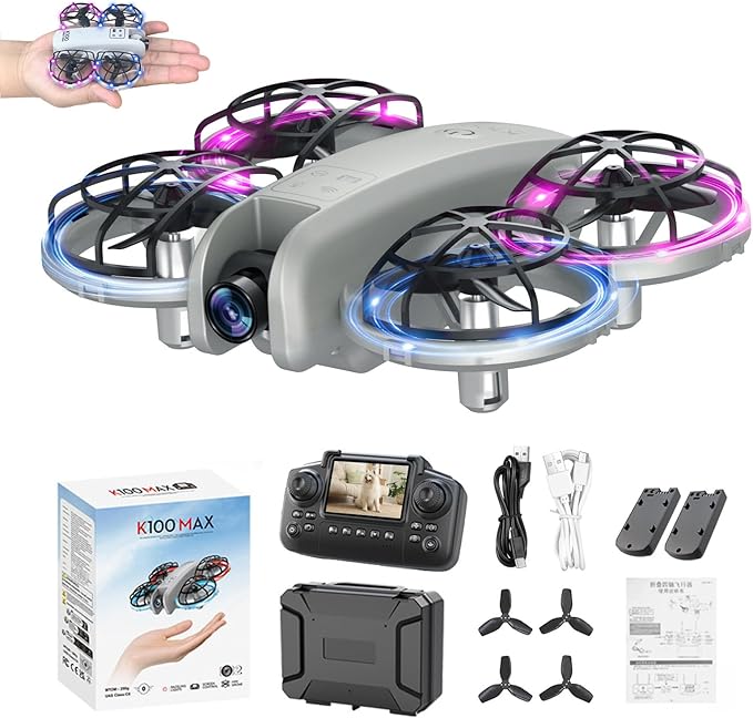 K100Max Mini Drones With Camera For Kids And Begginers, Indoor Small Helicopter Plane Quadcopter With Screen Remote Controller, Gift Toy for Boys and Girls, Headless Mode, 2 Batteries(Gray)