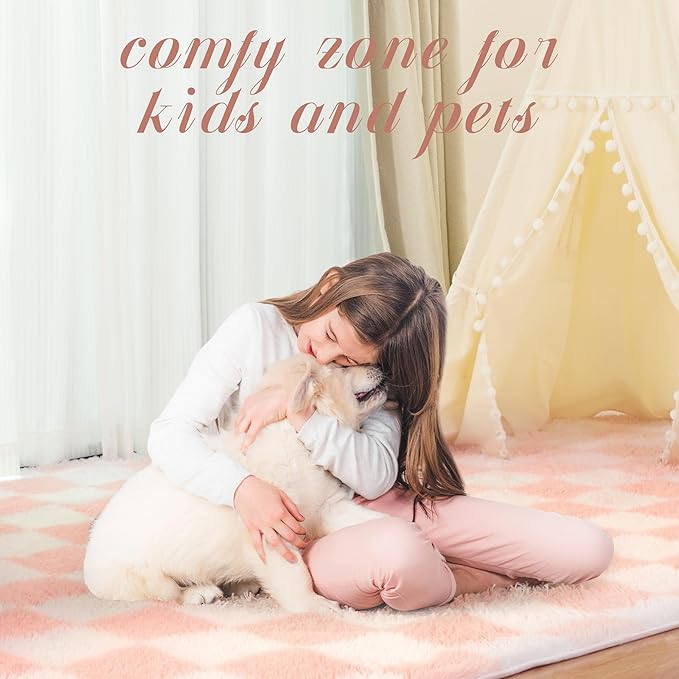 Super Soft Rug for Bedroom, 4x5.8 Ft Pink and White Area Rug Classic Checkered Shaggy Anti-Skid High Pile Soft Fluffy Rug Fuzzy Carpet for Living Room Bedroom Kids Room Nursery, Dorm Home Decor