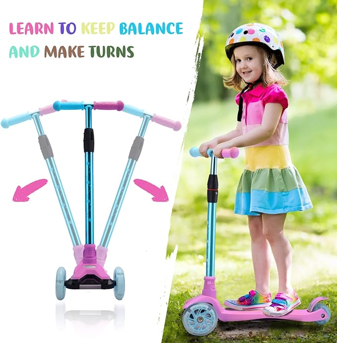 3 Wheel Scooter for Kids Ages 6-12,Kids Scooter with Light Up Wheels, Sturdy Deck Design, and 4 Height Adjustable Suitable for Kid Ages 3-12
