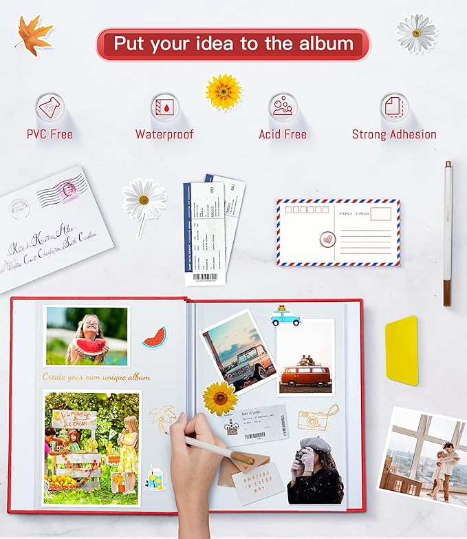 popotop Photo Album Self Adhesive with Picture Display Window,60 Pages DIY Scrapbooking Supplies Kit for 4x6 8x10 Picture,Linen Cover Memory Book for Baby Wedding, with Scraper and Metallic Pen
