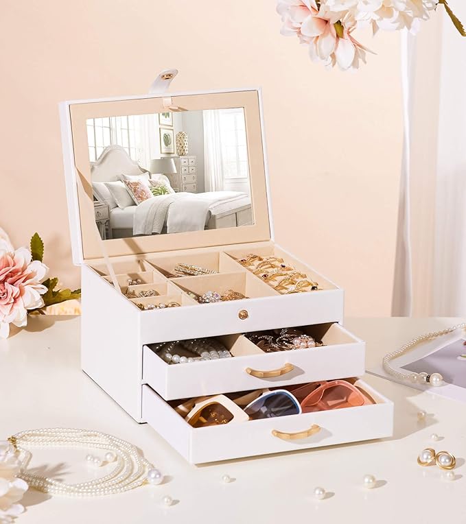 White Jewelry Box Organizer: Home Decor for Women - 2-Drawer Holder for Valentine’s Day Birthday Christmas White Gold