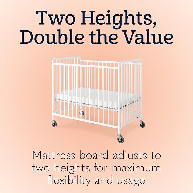 Foundations Chelsea Slatted Metal Compact Daycare Crib, 3" Casters, Compact Mini Size, Easy to Clean Durable Finish, Adjustable to Two Heights Mattress Board (White)