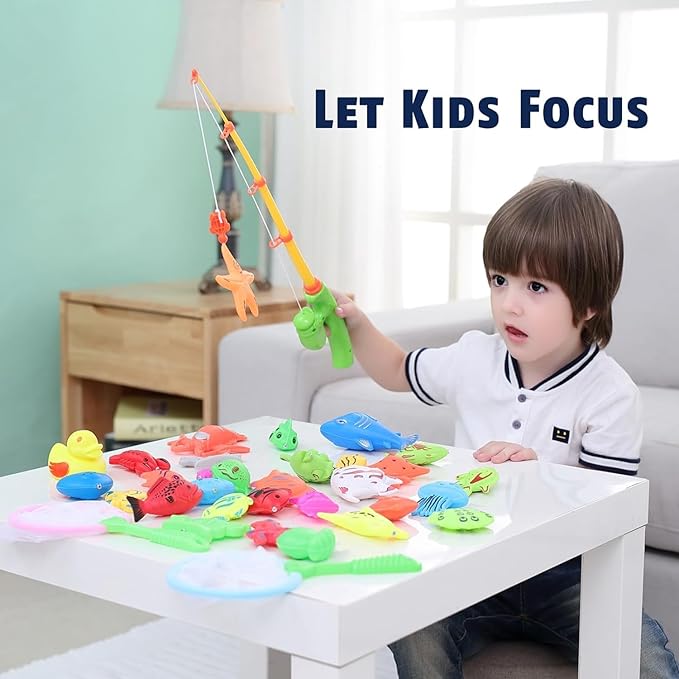 CozyBomB™ Kids Fishing Bath Toys Game | Magnetic Floating Toy Magnet Pole Rod Net, Plastic Floating Fish Toddler Pool Education Teaching and Learning Colors Birthday Age 3 4 5 6 Year