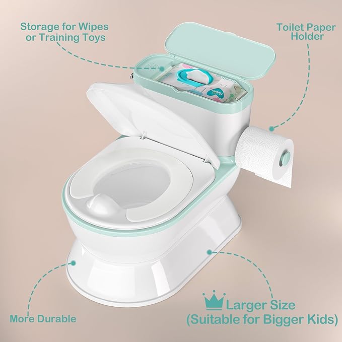 2-in-1 Toddler Potty Training Toilet - Larger Potty Chair & Detachable Training Seat for Boys & Girls Ages 1-3 with Flushing Sound, Wipes Storage, Toilet Paper Holder - Cyan