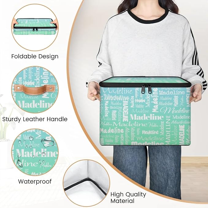Custom Storage Basket with Name, Personalized Storage Bins with Zipper Lid, Foldable Fabric Storage Box Large capacity with Handle Bright Green Blue