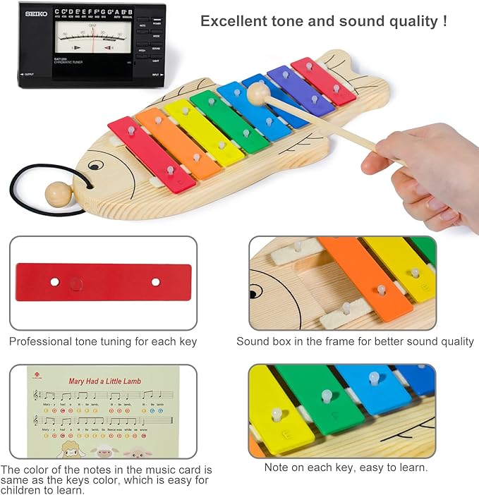 MUSICUBE Xylophone for Baby Toddler Fish Shape Wooden Xylophone with 2 Mallets Educational & Preschool Learning Percussion Instrument Professional Tuning Musical Toys for Kids Aged 3+