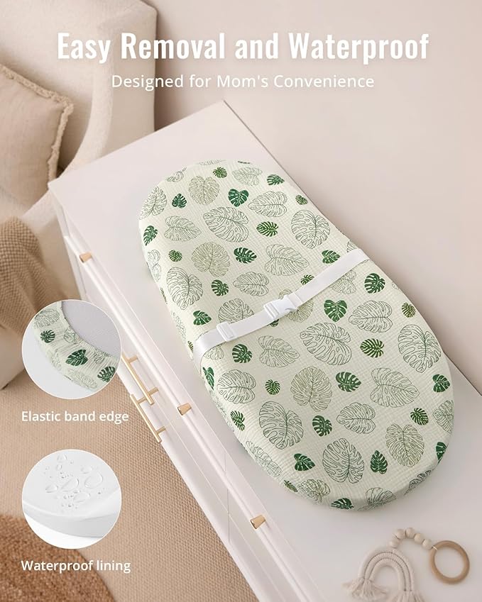 Blissful Diary Muslin Baby Changing Pad with Waterproof Lining Foam, Diaper Changing Table Pad with Cover for Dressers (Monstera, Avocado)