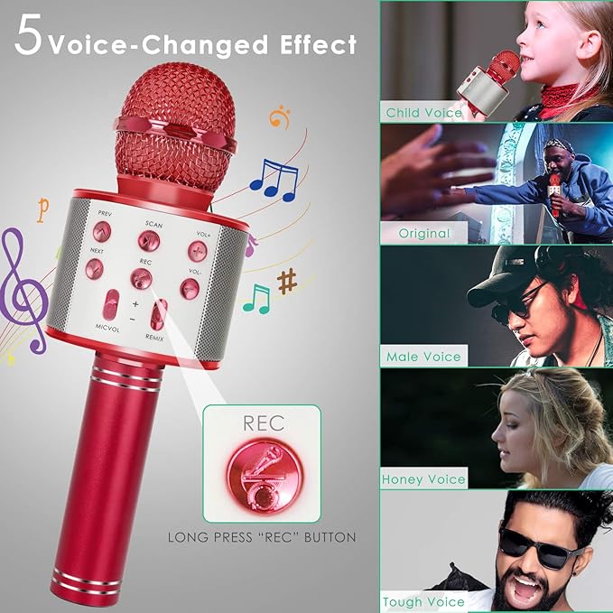 KIDWILL Wireless Bluetooth Karaoke Microphone for Kids, 5-in-1 Portable Handheld Karaoke Mic Speaker Player Recorder with Adjustable Remix FM Radio for Kids Girls Boys Teens Birthday (Red)
