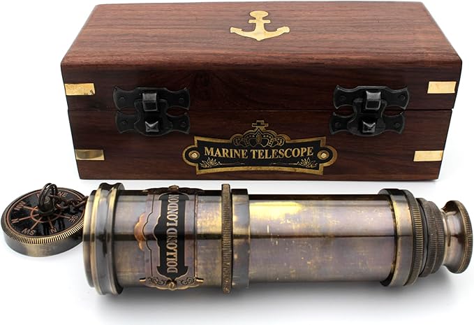 14 Inch Vintage Nautical Brass Telescope with Wood Box – Handheld Spyglass for Marine, Pirate, and Captain Use
