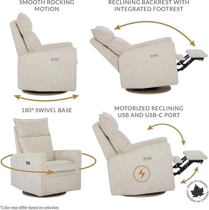 Arya Modern Nursery Chair Glider Recliner with 180° Swivel - Cozy Motorized Reclining Nursing Chair with USB Ports, Gentle Motion, Ergonomic Design, Canadian-Made (Silver Grey/Nubia Fabric)