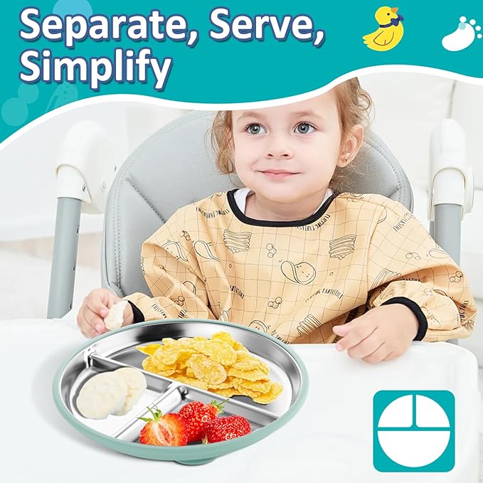 Stainless Steel Suction Plates for Toddlers, 9" Divided Kids Baby Plates with Removable Silicone Suction, Non Toxic Non Slip Portion Control Snack Dishes 3 Packs, Blue Gray Sage