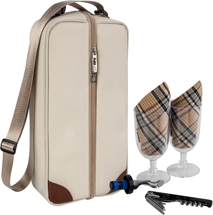 ALLCAMP Wine Tote Bag with Cooler Compartment，Picnic Set Carrying Two Sets of Tableware（Cream-Colored）