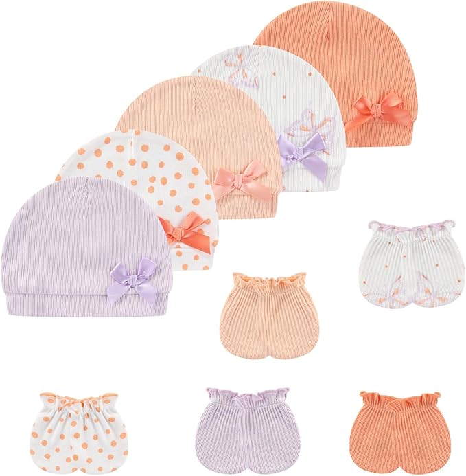 Baby Hat and Mittens Set Cotton Newborn Baby Hats Caps for Boys and Girls, 0-6 Months