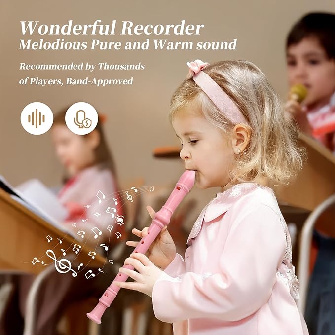 Soprano Recorder Instrument for Kids Beginners Student German Fingering C Key Recorder Instrument 3 Piece with Cleaning Rod and Bag Fingering Chart (Bright pink)