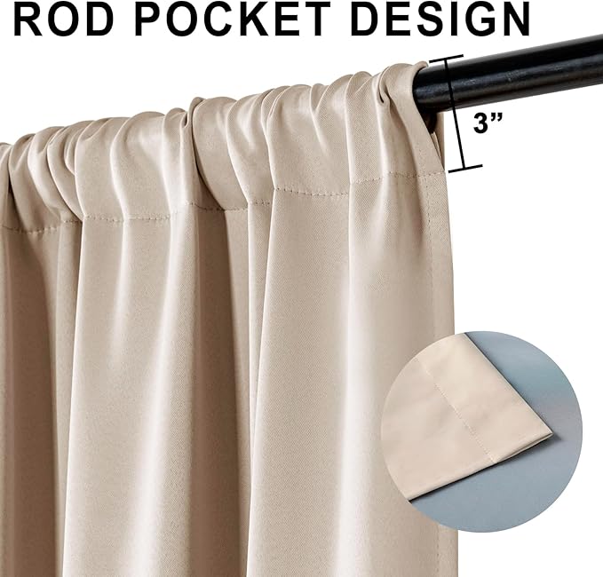 XWZO 100% Blackout Window Curtain Panels with Tiebacks- Noise Reduction and Light Blocking Rod Pocket Curtains with Black Liner for Studio, Basement Room, Biscotti Beige, W52 x L54, Set of 2
