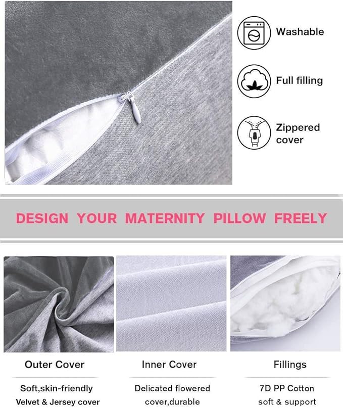 AS AWESLING 60in Full Body Pillow | Nursing, Maternity and Pregnancy Pillow | Extra Large U Shape Pillows with Detachable Side, Separate Support Pillow and Removable Cover (Velvet and Jersey Grey)
