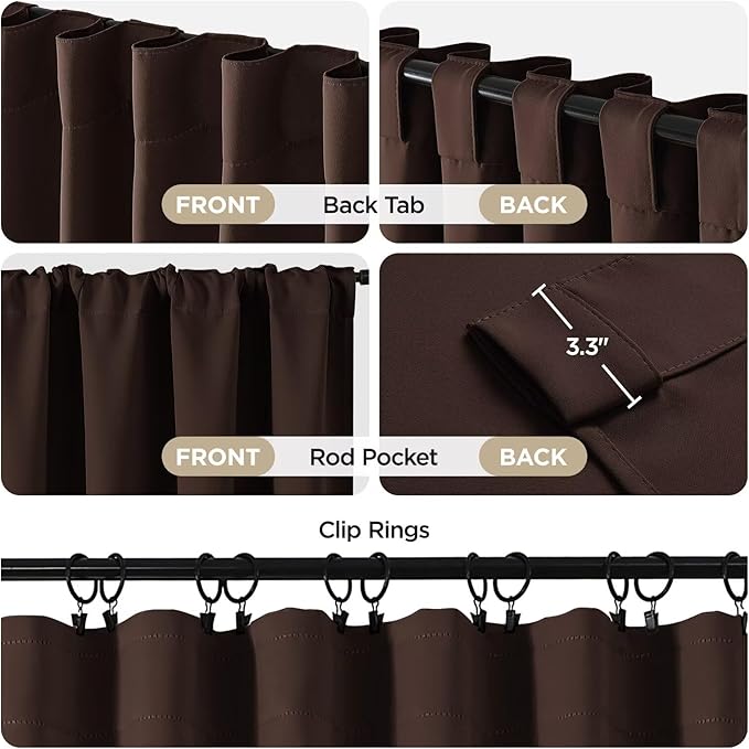 Joydeco 72 Inch Blackout Curtains for Bedroom, Thermal Insulated Black Out Curtains, Room Darkening Drapes for Living Room Window Rod Pocket Back Tab (W52 x L72 Inch, Chocolate)