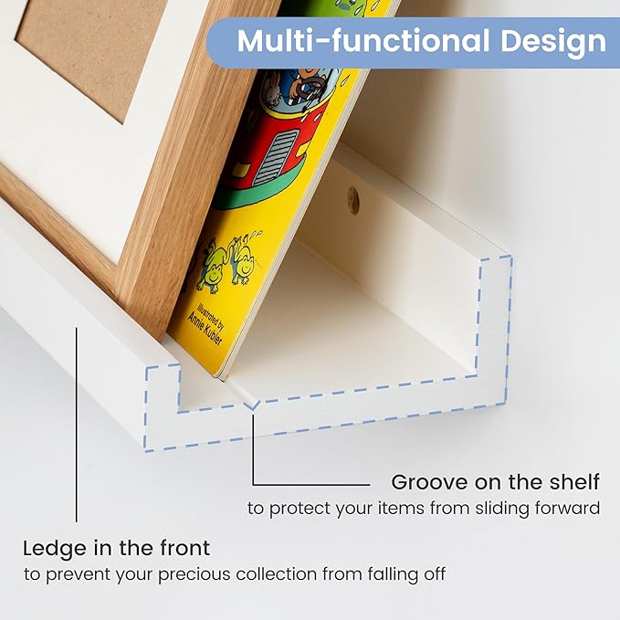 Picture Ledge Shelf for Wall, 16 inch Solid Pine Wood Nursery Book Shelves 2 Packs, Floating Ledge Shelves for Kids' Room Bedroom Bathroom Living Room Photo Frames Office Nursey Wall Decor, White