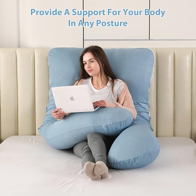 Amagoing Cooling Pregnancy Pillow for Sleeping, U Shaped Maternity Full Body Pillow for Women with Hip, Leg, Back Pain Support, Removable Cooling Cover Included (Light Blue)