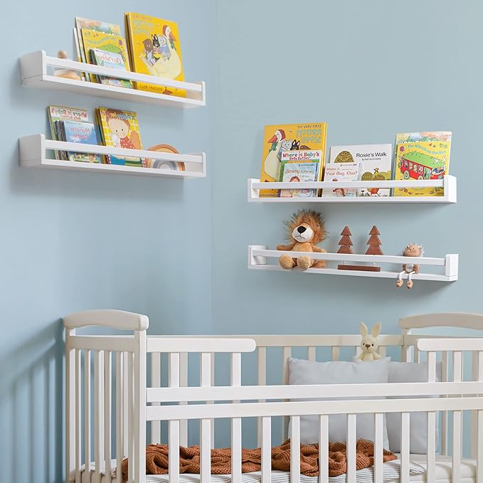 Fun Memories Nursery Book Shelves - Rustic Natural Solid Wood Floating Bookshelf for Kids - Wall Book Shelves for Kids Room (White, 32inch - 4P)
