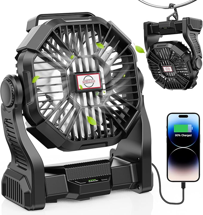 15000mAh Portable Battery Powered Camping Fan - with LED Light, Quiet Battery Operated, Camping Gear for Travel, Tent, Beach, Car or Hurricane Power Outages，Black