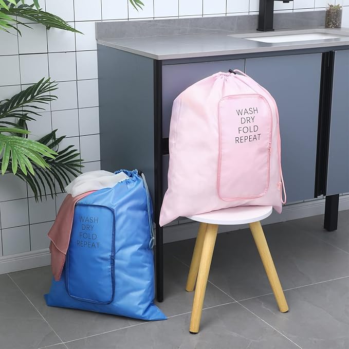 2 Pcs Travel Laundry Bag Washable Dirty Clothes Bag with Drawstring and Zipper for Suitcase, 22 x 18 Inch (Pink, Blue,Classic)