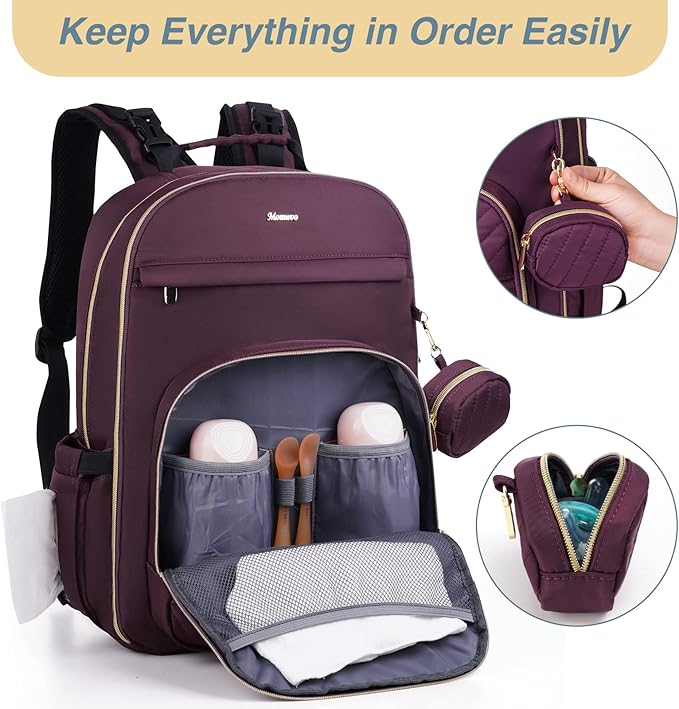 MOMUVO Diaper Bag Backpack, Quilted Baby Bag with Changing Pad & Stroller Straps & Pacifier Case, Large Travel Diaper Bags for Mom Dad, Dark Purple