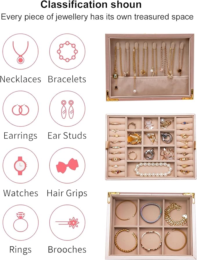 2-layer jewelry box，Jewelry Organizer with Handle，with hanging necklace hooks, detachable jewelry trays, suitable for storing a large amount of jewelry gift box (rose gold)