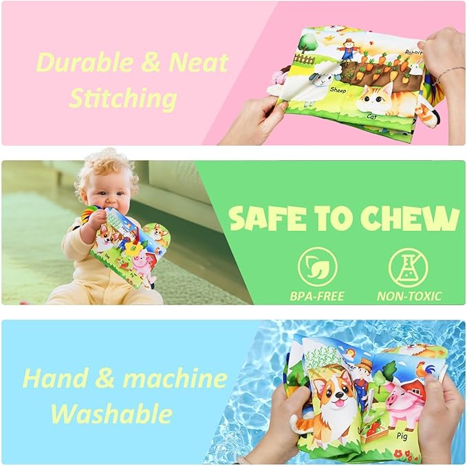 Farm Crinkle Books for Babies with 10 Finger Puppets Set, Touch and Feel Cloth Soft Farm Animal Tail Book with BiBi & Teething Toy, Puppets for Kids Ages 4-8, Baby Shower Birthday Gifts