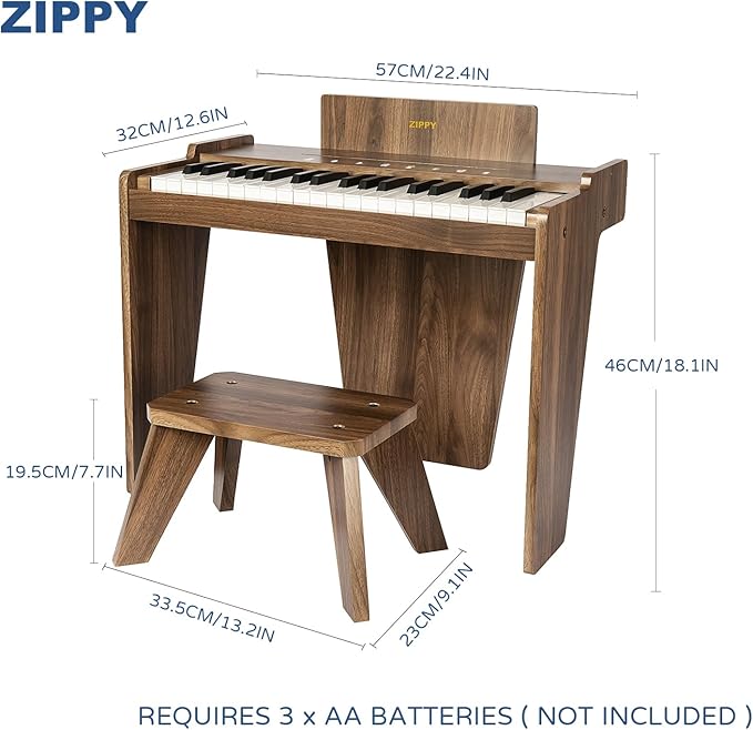 ZIPPY Kids Piano Keyboard, 37 Keys Digital Piano for Kids, Touch Sensitive Control Panel, Built-in Songs, Volume Adjustable, Music Educational Instrument, Wood Piano for 3+ Girls and Boys(Walnut Plus)