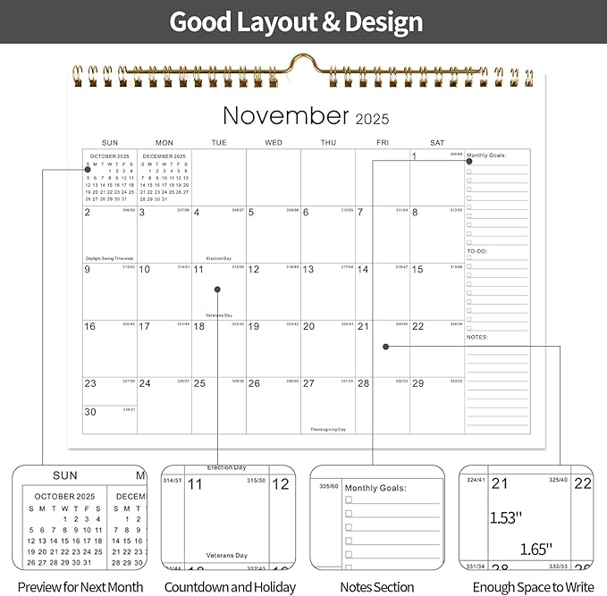 Calendar 2025-2027 22 Monthly Wall Calendar Runs from September 2025 until June 2027 Spiral Binding Hanging 11.5" x 14.7" Thick Paper with Julian Dates and Block for School Office（Simplicity）
