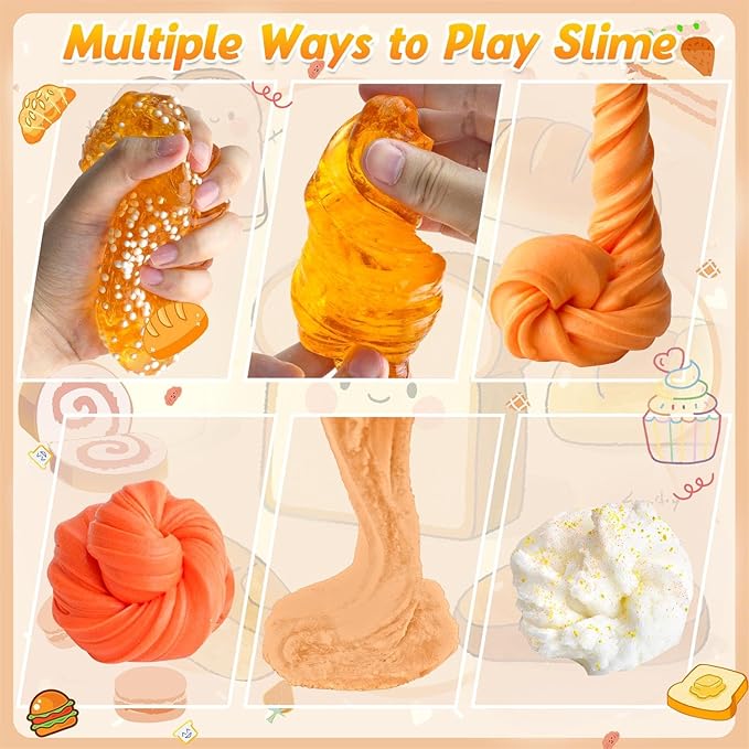 6 Packs Gradient Orange Slime Kit - Cloud Slime, Butter Slime & Clear Slime, Crunchy Slime for Kids with Various Slime Add-ins, Non Stick Slime Party Favors for Girls and Boys, 360ml Kids Slime(Bread)