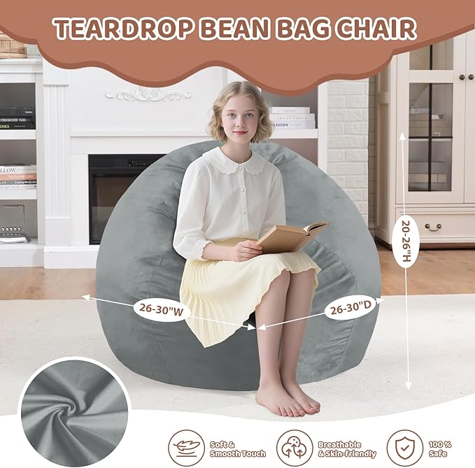 2FT Bean Bag Chair, Comfy Bean Bag Chairs with Memory Foam Filled, Fluffy Beanbag Sofa with Dutch Velvet Cover, Teardrop BeanBag Chairs for Living Room, Playroom - Light Grey