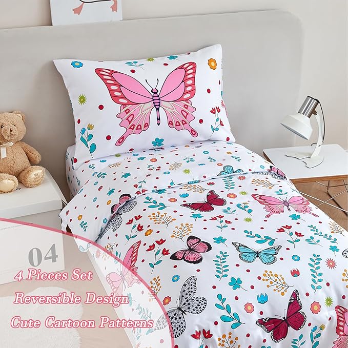 PERFEMET 4-Piece Girls Butterfly Bedding in Pink Floral - Reversible Colorful Flower Toddler Bed Comforter Set for All Season (White, Butterfly)