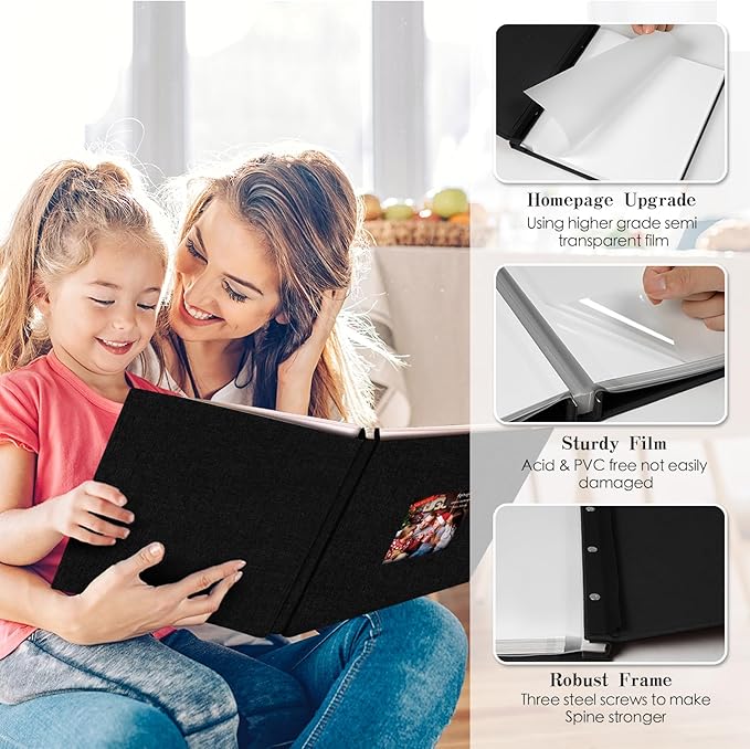 Spbapr Large Photo Album Self Adhesive 60 Pages Linen cover DIY Magnetic Scrapbook album with A Metal Pen Hold 3x5 4x6 5x7 6x8 8x10 Pictures Black