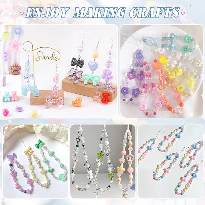 Assorted 500PCS 10 Colors Mixed Acrylic Beads for Bracelet Making, Flower Bow Butterfly GummyBear Aesthetic Bracelet Charms,Cute Beads for Jewelry Making DIY Necklace Keychain Phone Charm