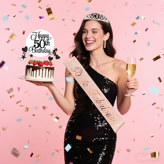 50th Birthday Decorations for Women - 56pcs Rose Gold Happy 50th Banner, 50th Birthday Crown Sash, Cake Topper, Number 50 balloons, 3D Butterflies, 4 Balloon Stands kits