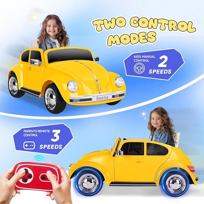 12V Kids Electric Car, Power Wheels with Remote Control, Ride on Car Toys with LED Light, 3 Speeds, Music, Yellow
