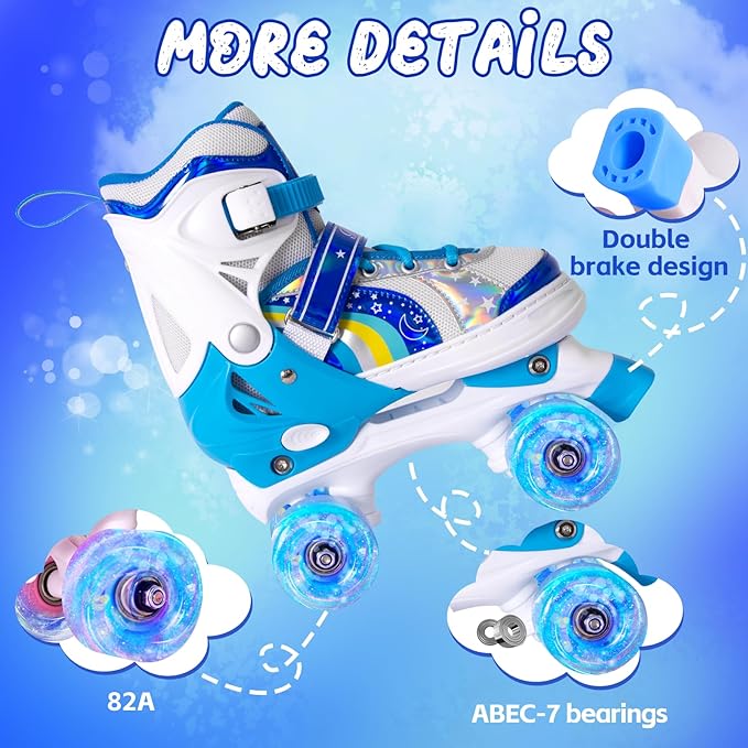 Rainbow Toddler Roller Skates - Size 4 Adjustable | Light Up Quad Skates for Girls & Boys Beginners Aged 3-12
