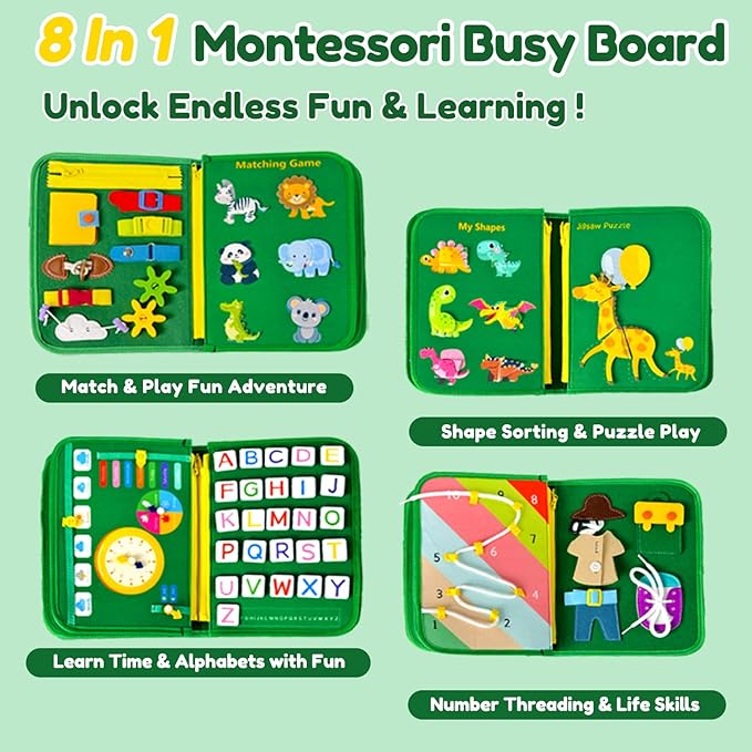 Qizfun Busy Board Book Montessori Toys for 1 2 3 4 Year Old, Boy Girl Birthday Gifts, Educational Sensory Learning Toys for Toddlers 1-3, Car Airplane Travel Activities Toys for Kids Ages 2-4 Year Old