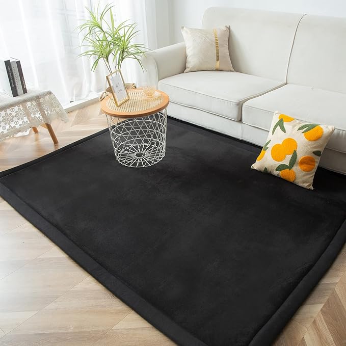 MAXYOYO Black Coral Velvet Area Rug, Thick Japanese Tatami Mat Living Room Carpet with Non-Slip Backing, Large Solid Color Mat for Bedroom Dormitory Yoga, 59 by 78 inch
