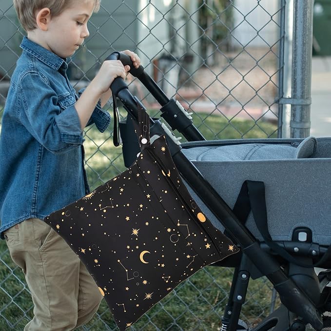 2pcs Cloth Diaper Wet Dry Bags, Waterproof Reusable Wet Bag with 2 Zipper Pockets & Handle, Washable Laundry Bags for Baby Adult Clothes Travel Beach Pool Daycare Yoga Gym Exercise Swimsuits,