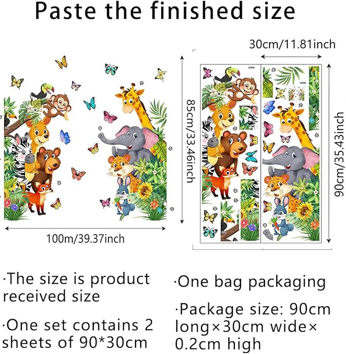 Jungle Animal Wall Decals, Cartoon Animal Sticker Safari Elephant Lion Monkey Wall Decals for Baby Room Playroom Bedroom Classroom Kindergarten Decor