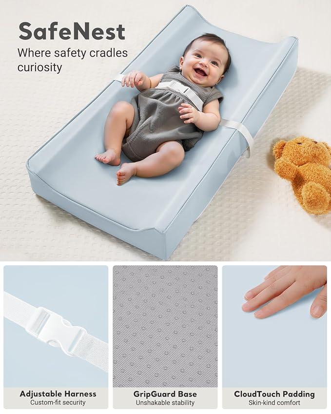 Vegan Leather Waterproof Baby Changing Pad - Wipeable, Extra Thick & Portable & Non-Slip Diaper Mat for Dresser, Crib, Travel | Soft & Safe (Blue)